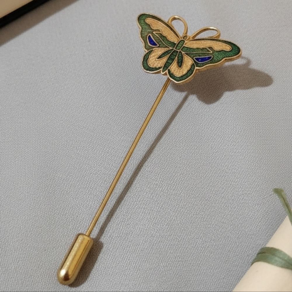 Vintage 70s 80s Cloisonne Butterfly Enamel Pin Green Blue
